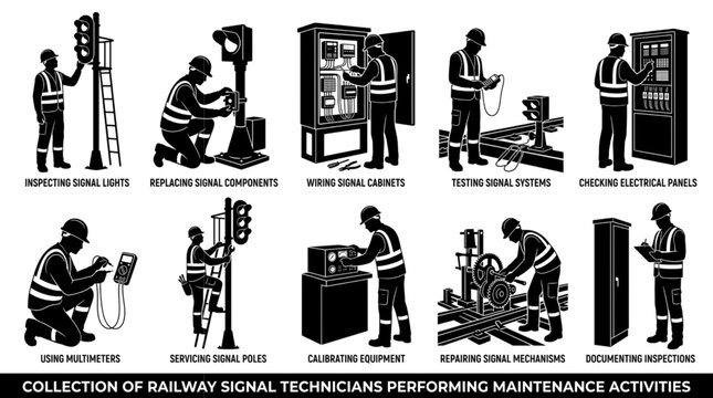 Railway Signal Technicians Maintenance Silhouette Set Railway Signaling Vector Collection