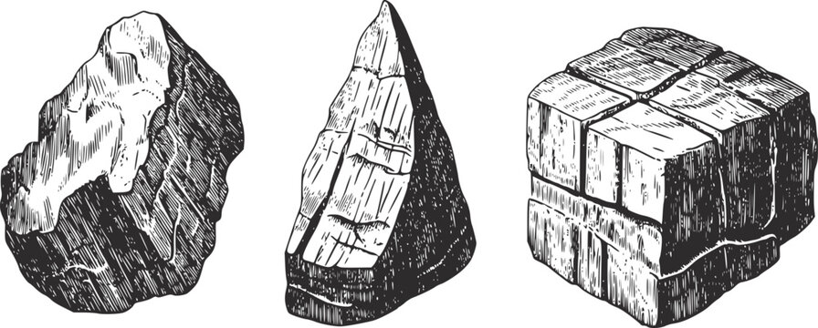 ヴィンテージの白黒木版彫刻スタイルで描かれた、3つの異なる地質学的岩石形成のセット