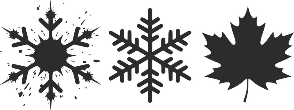 グランジな雪の結晶、清潔な幾何学的な雪の結晶、詳細なカエデの葉の形状を特徴とする黒のセット