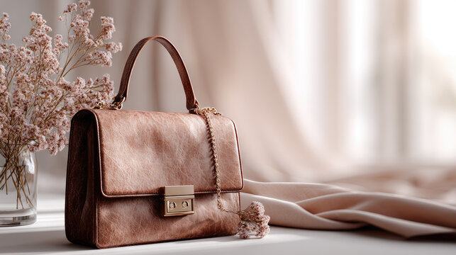 Suede handbag with gold accents presents a chic fashion accessory, embodying elegance and quiet luxury within a stylish indoor setting complemented by a warm coffee and dried flowers