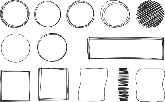 円、正方形、長方形、走り書きのテクスチャを含む手描きの落書き図形のコレクション