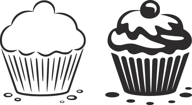 地面にパン屑が落ちている、2つの異なるスタイルのカップケーキの白黒画像