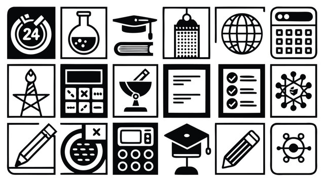 Black and White Kitchen Food Icons Set with Cooking Utensils, Coffee Cup, Tea Glass, Pot, Knife, Spoon, Chef Symbols and Restaurant Vector Illustration