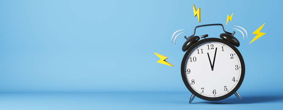 Ringing black alarm clock showing five minutes to twelve with yellow flash signs on blue banner background with copy space for deadline concept. 3D Rendering