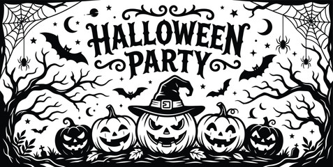 Naklejka premium Halloween day party illustration jack o' lanterns bats and spooky halloween decorations