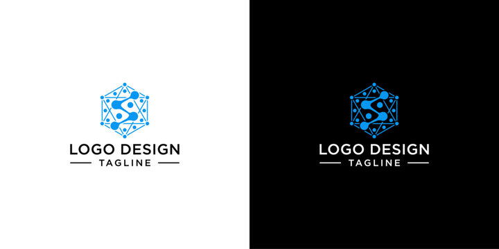 Hexagon network logo design showcasing connected tech nodes in a blue geometric pattern presented on light and dark backgrounds.