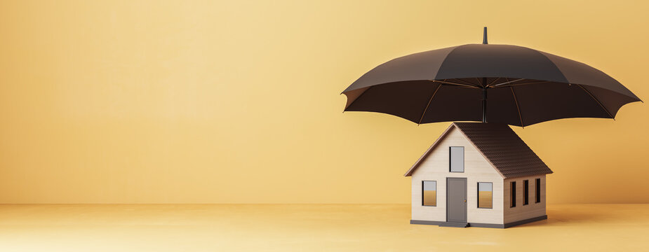 Small house model under black umbrella on yellow banner background with copy space illustrating home insurance, property protection and safety. 3D Rendering