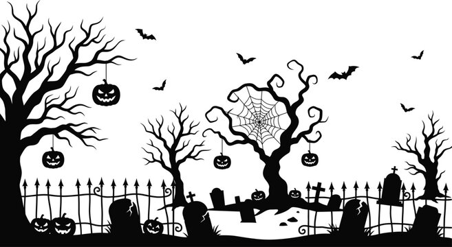Spooky halloween day scene silhouette of graveyard jack o' lanterns bats and trees