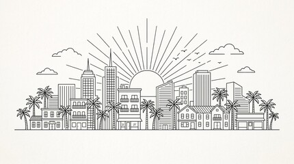 Obraz premium Minimalist black and white line art illustration of a vibrant tropical city skyline featuring tall skyscrapers palm trees and a bright sun rising behind buildings