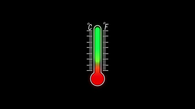 Digital thermometer gauge animation showing temperature change on black background