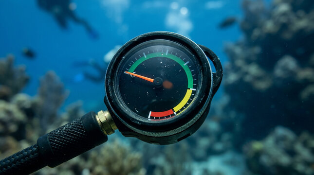 Close-up of a scuba diver's air pressure gauge in the ocean with coral reefs and other divers in the background