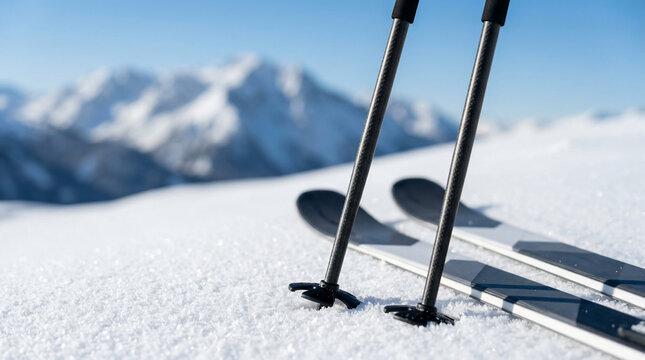 Close-up of skis and poles resting in pristine snow with a blurred mountain range in the background, showcasing a winter sport adventure