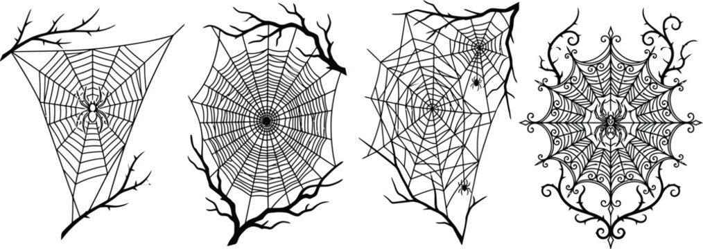 Halloween day spider webs with branches and spiders black and white illustrations