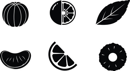 Set of citrus fruit icons, including whole orange, sliced orange, mint leaf, mandarin segment, and pineapple slice © Jinukdas