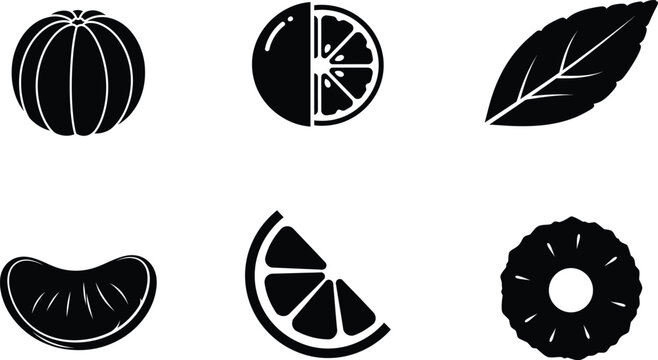 Set of citrus fruit icons, including whole orange, sliced orange, mint leaf, mandarin segment, and pineapple slice