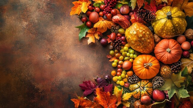 Pumpkins and autumn harvest vegetables decorate a rustic tabletop to celebrate the seasonal abundance.