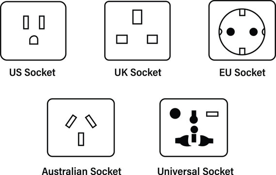 Modern vector collection featuring US, UK, EU, Australian, and universal wall sockets 