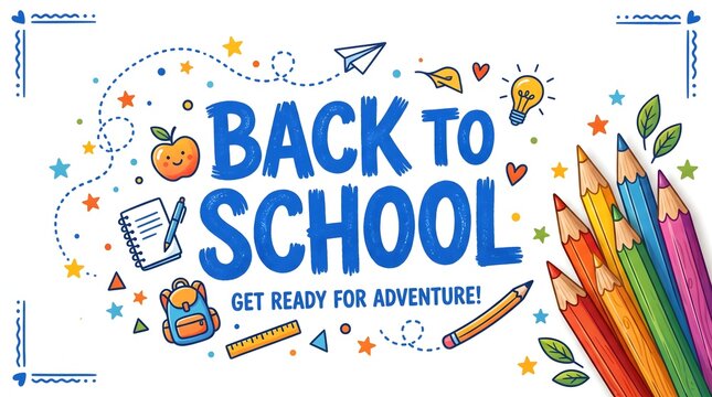Back to school supplies and colorful stationery set. Vibrant notebooks, pencils, and apple on chalkboard background. Educational concept for studen...