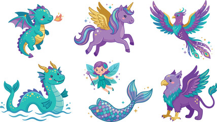 Fototapeta premium Cute Magical Fantasy Creatures Set, Dragon Unicorn Phoenix Sea Serpent Fairy Mermaid Griffin Vector Illustration for Kids Fairytale Design