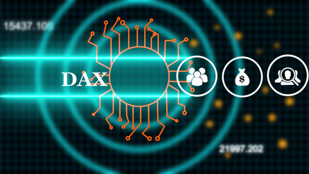 Digital interface with the word dax displayed in white text over a glowing cyan circular circuit board pattern with of people, money bag, and search on a dark grid background