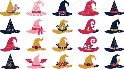 Large collection of hand drawn magic witch hat vector icons with spooky gothic Halloween elements © Afroja