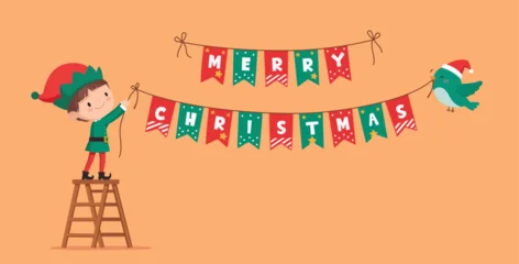 Cute Christmas Elf Hanging Merry Christmas Banner – Festive Holiday Cartoon Illustration © FoxyImage