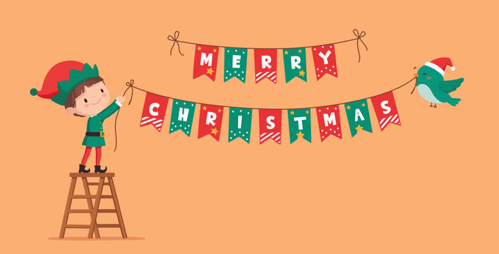 Cute Christmas Elf Hanging Merry Christmas Banner &ndash; Festive Holiday Cartoon Illustration