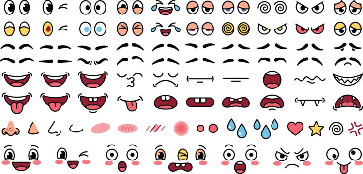 Cartoon character facial expressions creator constructor set diverse eyes eyebrows and mouths elements isolated on white background vector illustration