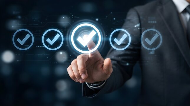 Business professional interacting with digital checkmark icons for quality assurance