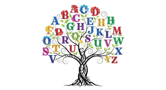 Educational alphabet tree featuring a dense canopy of vibrant colorful letters from A to Z integrated into the branches and leaves.