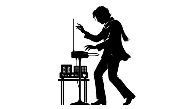 Musician playing theremin electronic musical instrument with vacuum tube amplifier silhouette vector