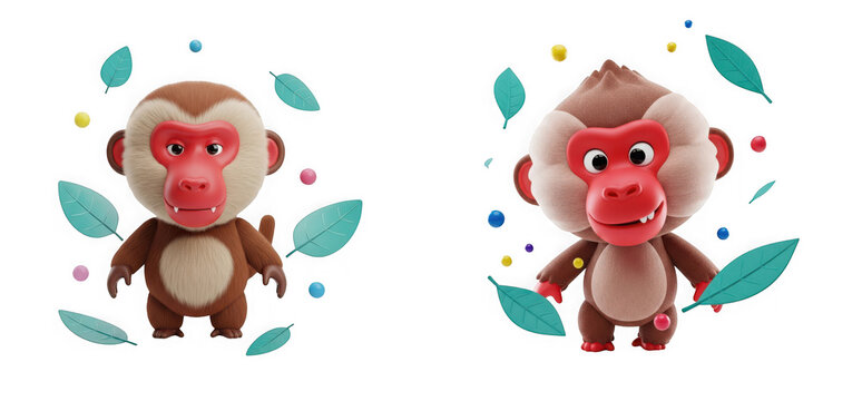 Two cute 3d monkey characters with red faces and fur, surrounded by floating colorful balls and green leaves isolated on transparent background