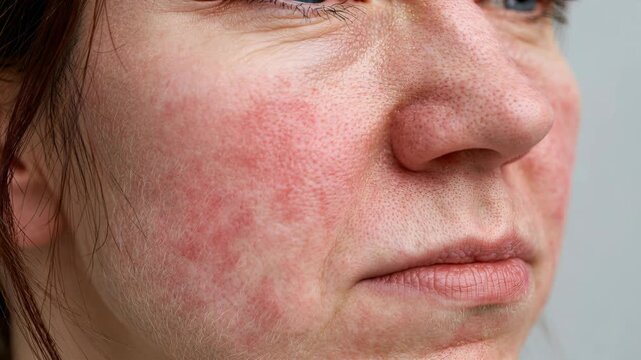 Close up of a person's face showing skin condition on cheeks under indoor light. High quality 4k footage