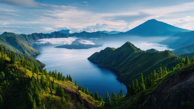 Panoramic view of a serene blue caldera lake surrounded by lush green mountains and volcanoes