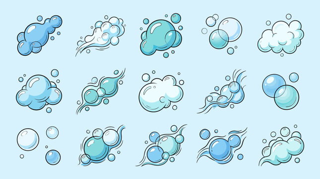 Blue bubbles and soap foam icons set for cleaning and water themes