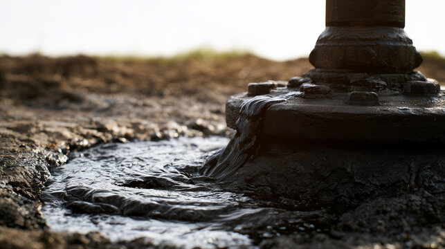 Crude Oil Leakage from Wellhead Causing Ground Pollution Close-up view of crude oil leaking from an oil well head onto dry soil, polluted ground surface, environmental hazard, foss