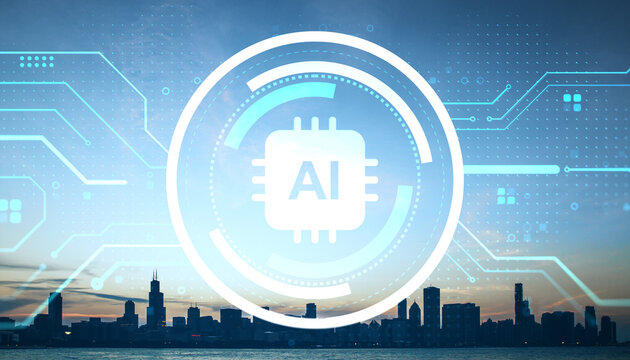Glowing AI chip icon inside circular interface with circuit lines over evening city skyline illustrating artificial intelligence and smart urban technology.