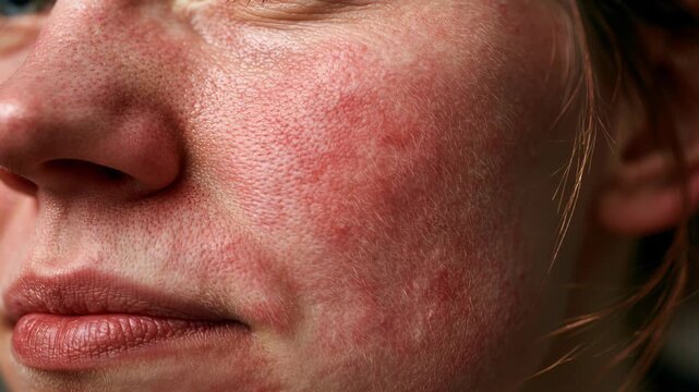 Close view of a person's face showing skin condition with redness and texture changes during the day. High quality 4k footage