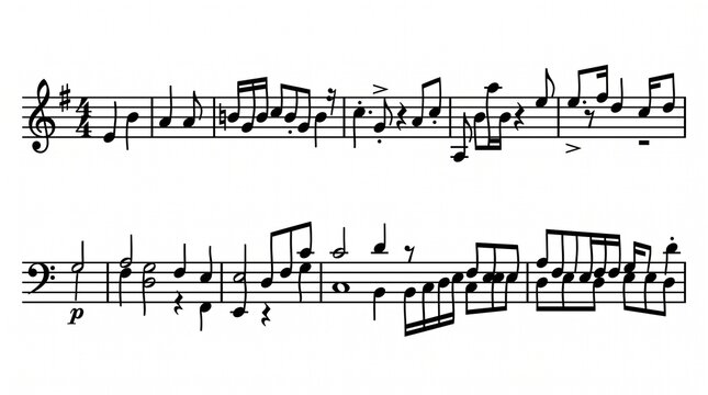 Detailed black and white musical staff notation showing complex rhythmic patterns with various notes and symbols arranged on horizontal lines for a professional classical composition piece.