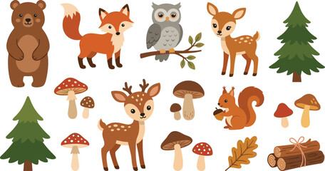 Fototapeta premium Cute Woodland Forest Animals Set, Bear Fox Owl Deer Squirrel Mushroom Pine Tree Vector Cartoon Illustration for Kids Nursery Design