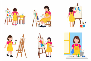 Little Girl Artist Character Set Painting on Canvas with Brush and Palette, Creative Childhood Hobby and Art Education Vector Illustration
