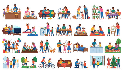 Fototapeta premium Happy Family Everyday Activities Set, Parents and Kids Indoor and Outdoor Lifestyle Flat Vector Illustration