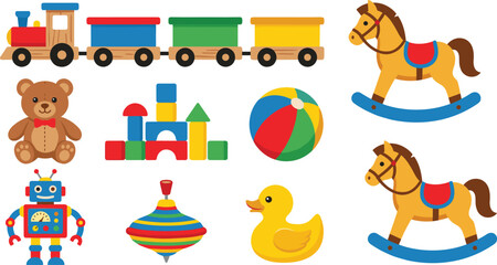 Fototapeta premium Kids Toys Set with Train Teddy Bear Rocking Horse and Robot, Building Blocks Ball Duck Vector Illustration for Nursery Design