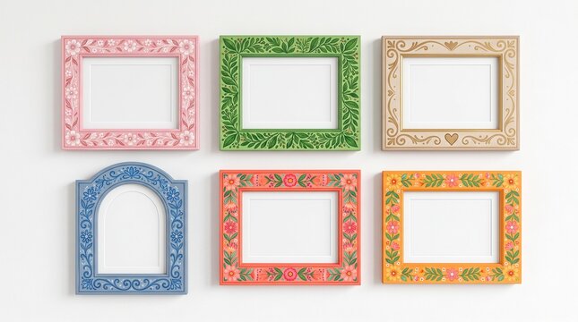 Six decorative picture frames with intricate floral patterns and vibrant colors displayed on a clean white wall for artistic home decor and creative interior design projects