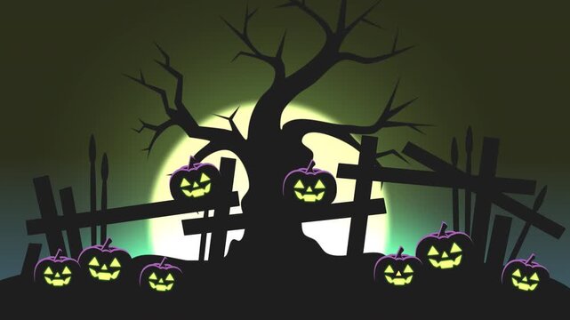 Spooky Halloween Seamless Loop Background with Jack O Lantern Pumpkins, Silhouette Scary Tree and Fence under Large Full Moon
