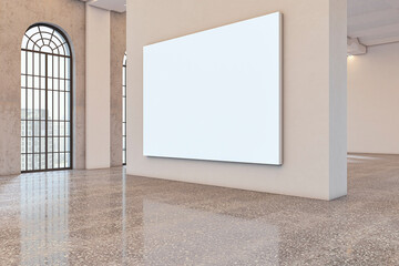 Obraz premium Blank white poster mockup on beige wall in empty gallery interior with tall arched windows, city view and polished stone floor with reflections. 3D Rendering