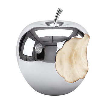 Polished silver chrome apple with bite mark and shiny stem transparent background PNG asset