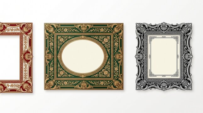 Three elegant ornate picture frames featuring intricate baroque gold leaf detailing set against a clean white background in a high quality professional studio digital illustration
