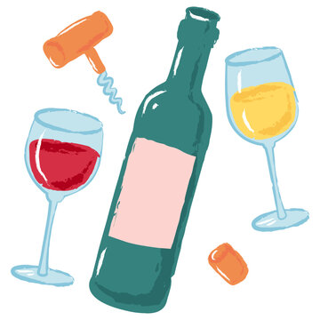 Vector watercolor wine set. Bottle, glasses of red, white wine, corkscrew, cork. Design elements for menu, winery, bar