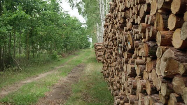 Massive stacked wooden logs lie along a dirt road in a green summer forest. This large timber pile represents raw wood production and the forestry industry. Heavy tree trunks await transport.